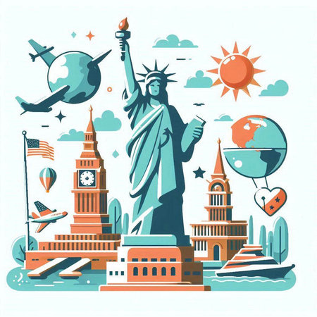 Statue of Liberty and travel around the world. Vector illustration.のイラスト素材