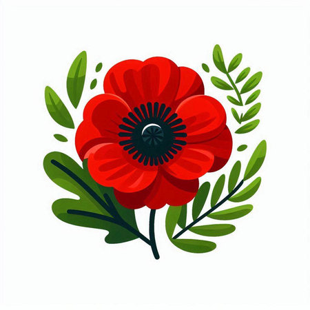 Red poppy flower with green leaves on white background. Vector illustration.のイラスト素材