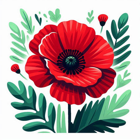 Red poppies and green leaves on white background. Vector illustration.のイラスト素材