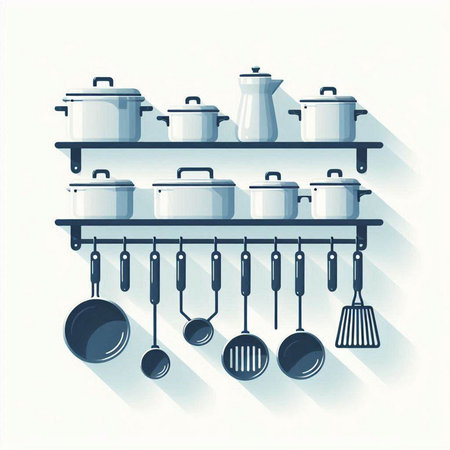 Kitchen equipment on shelf with long shadow effect. Vector illustration.のイラスト素材