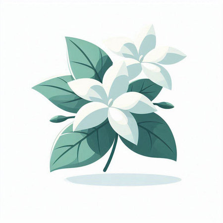 Illustration of a white flower with green leaves on a white backgroundのイラスト素材