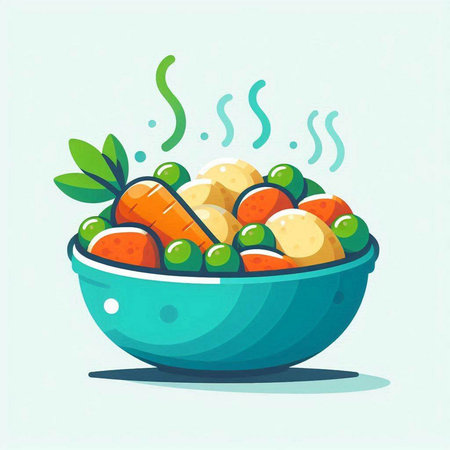 Vector illustration of a bowl with fresh fruits and vegetables in cartoon styleのイラスト素材