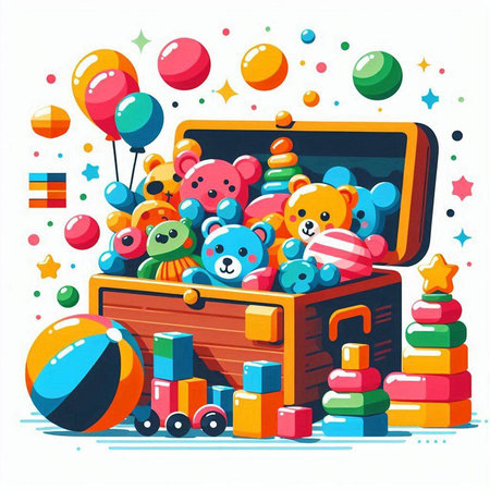 Cartoon vector illustration of a wooden chest full of toys. Colorful flat style.のイラスト素材