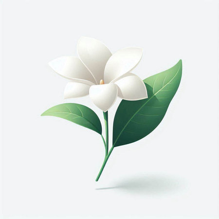 Illustration of white magnolia flower with green leaves on white backgroundのイラスト素材