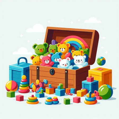 Wooden box full of toys. Vector illustration in cartoon style.のイラスト素材