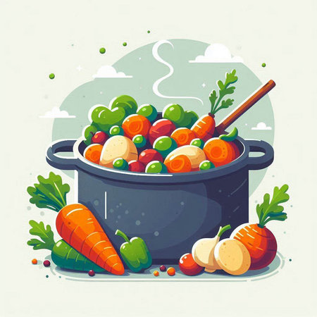 Illustration of a cooking pot full of vegetables. Vector illustration.のイラスト素材