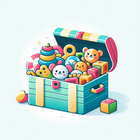 Colorful vector illustration of a treasure chest full of toys on a white backgroundのイラスト素材