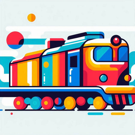 Vector colorful illustration of a train on a background of colored circles.のイラスト素材