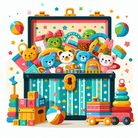 Childrens toy box with toys. Vector illustration in cartoon style.のイラスト素材