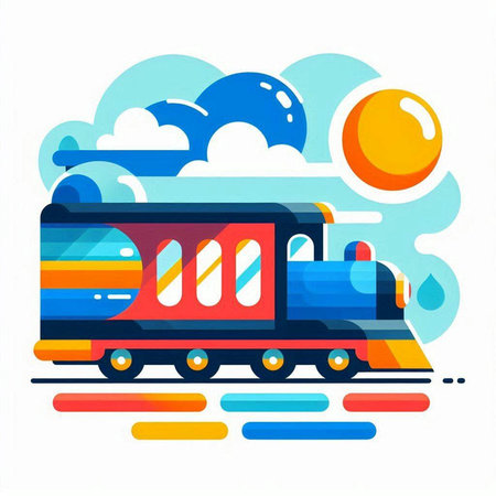 Retro train on a background of clouds and sun. Vector illustrationのイラスト素材