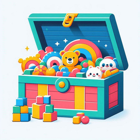Illustration of a treasure chest on a white background with toys.のイラスト素材
