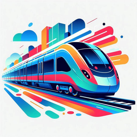 Modern high-speed train on a background of colorful stripes. Vector illustration.のイラスト素材