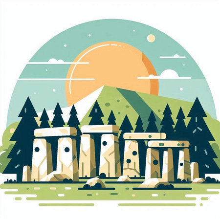 Stonehenge in the mountains. Vector illustration in flat style.のイラスト素材