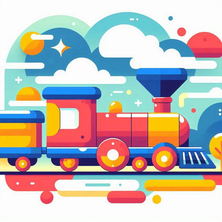 Vector illustration of cute cartoon train in flat style with clouds and sunのイラスト素材