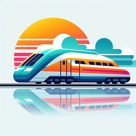 Modern high-speed train on the background of the sunset. Vector illustrationのイラスト素材