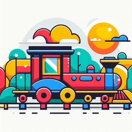 Vector illustration of colorful retro train in flat style with clouds and sunのイラスト素材