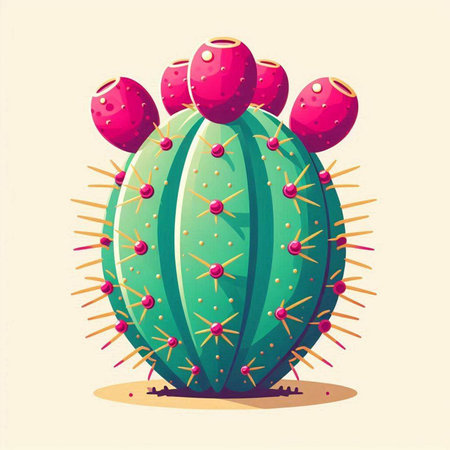 Cactus with pink flowers and buds. Vector illustration in cartoon styleのイラスト素材
