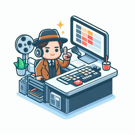 Illustration of a detective working on a computer. Vector illustration.のイラスト素材