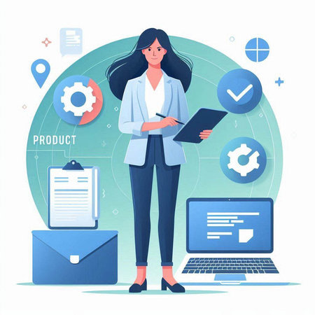 Vector illustration of young businesswoman with laptop, tablet and document.のイラスト素材