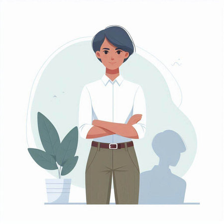 Businesswoman standing with crossed arms. Vector illustration in flat style.のイラスト素材