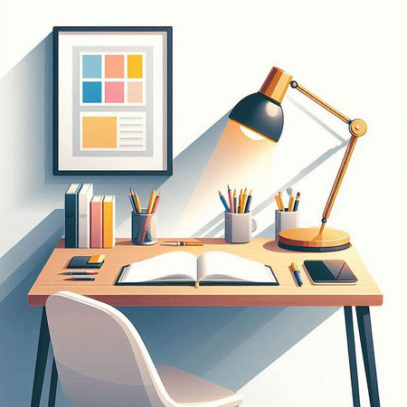 Illustration of a desk with a lamp, books, pencils and a notebookのイラスト素材