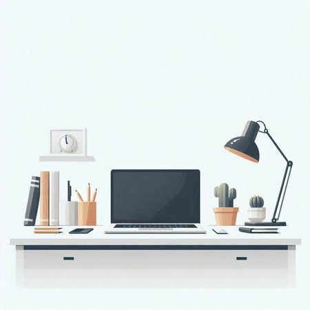 Workplace with laptop, books, lamp and cactus. Vector illustration.のイラスト素材