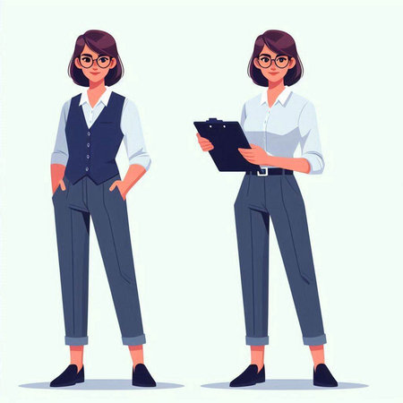 Young business woman in glasses standing with clipboard. Vector illustration in cartoon styleのイラスト素材