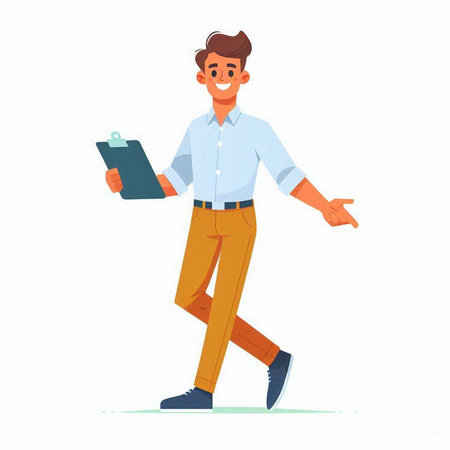 Young man with clipboard isolated on white background. Cartoon vector illustration.のイラスト素材