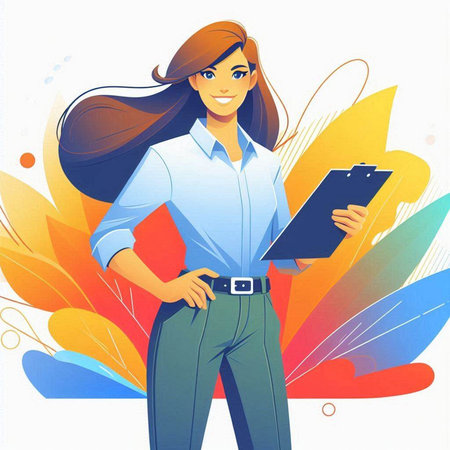 Young businesswoman with clipboard on abstract colorful background. Vector illustration.のイラスト素材