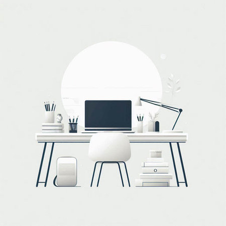 Modern workplace with computer on desk. Workplace and lifestyle concept. 3D Renderingのイラスト素材