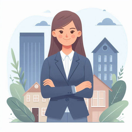 Young businesswoman standing in front of a house. Vector illustration.のイラスト素材