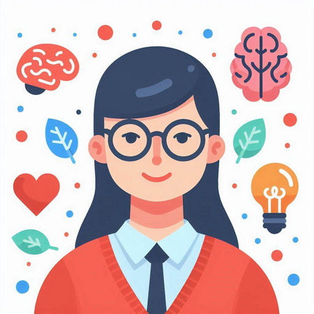 Vector illustration of a business woman in a flat style. A woman in glasses and a red shirt with a brain on a white background.のイラスト素材