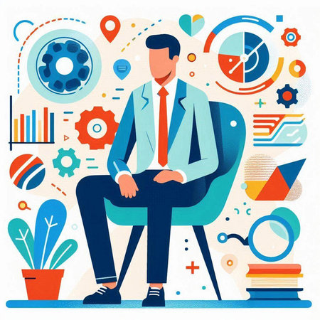 Businessman sitting on chair in office. Flat style vector illustration.のイラスト素材