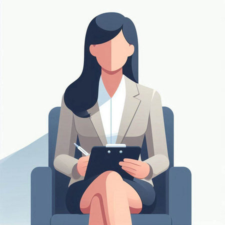 Businesswoman sitting in armchair and writing in notebook. Vector illustrationのイラスト素材