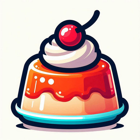 Pudding with cherry and whipped cream. Vector illustration in cartoon styleのイラスト素材