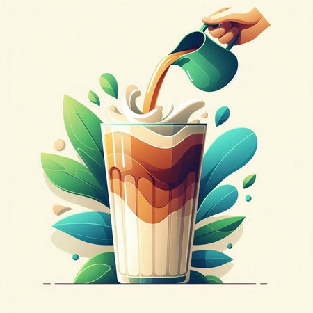 Iced coffee with milk in a glass and green leaves. Vector illustration.のイラスト素材