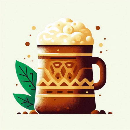 Illustration of a beer mug with foam on a background of coffee beansのイラスト素材