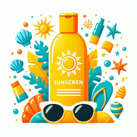 Sunscreen in a bottle with sunglasses. Vector illustration on a white background.のイラスト素材