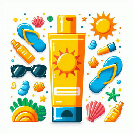 Sunscreen flat icons set. Vector illustration of sun protection products.のイラスト素材
