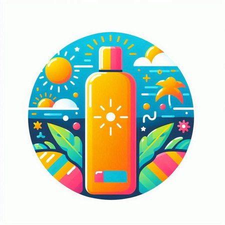 Sunscreen on the background of the summer landscape. Vector illustration.のイラスト素材