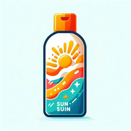 Sunscreen vector icon. Sunblock bottle with sunbeams and sunflowers.のイラスト素材