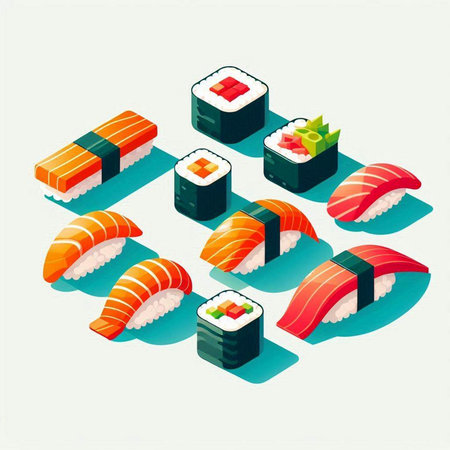 Isometric sushi set. Sushi rolls. Vector illustration in flat style.のイラスト素材