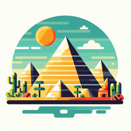 Egyptian pyramids in desert. Retro style. Vector illustration.のイラスト素材
