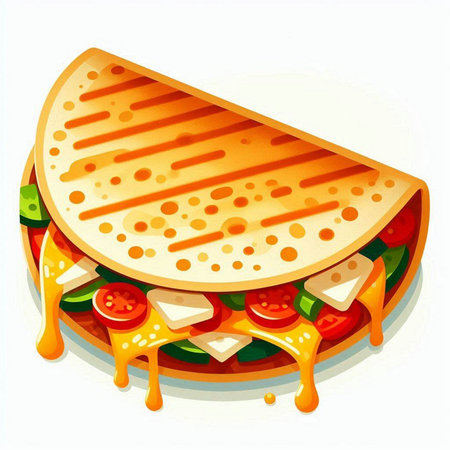 Illustration of a tortilla sandwich with cheese and tomato sauce on a white backgroundのイラスト素材