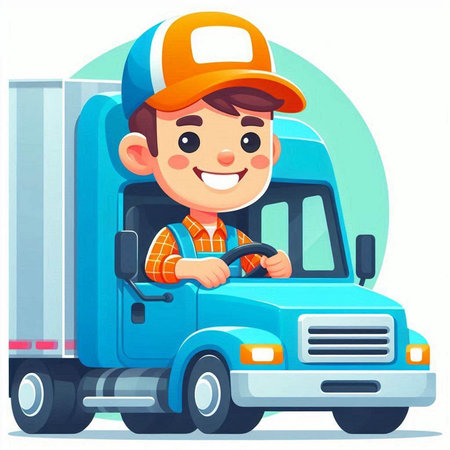 Cute little boy driving a truck. Vector illustration in cartoon styleのイラスト素材