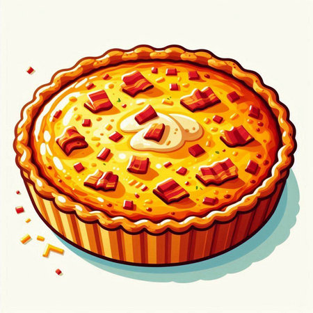 Illustration of a pie with bacon and cheese on a white backgroundのイラスト素材