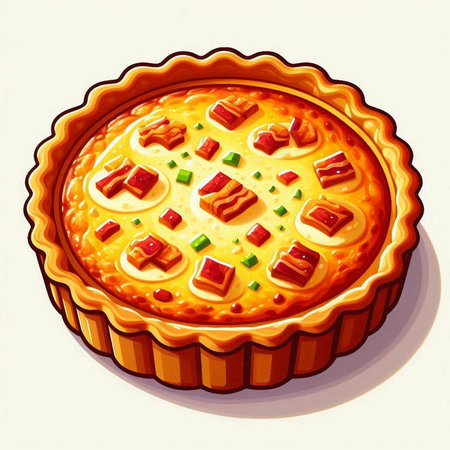 Illustration of a pie with bacon, cheese and green onions.のイラスト素材