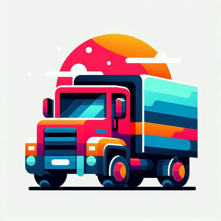 Truck on the background of the sunset. Vector illustration in flat style.のイラスト素材