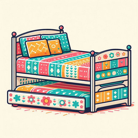 Bunk bed with pillows and bedside table. Vector illustration.のイラスト素材