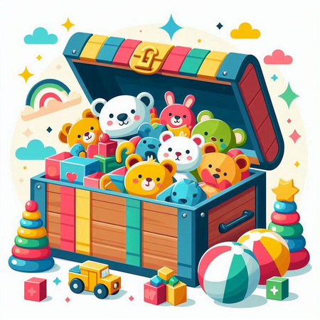 Illustration of a Treasure Chest Full of Cute Teddy Bears and Toysのイラスト素材